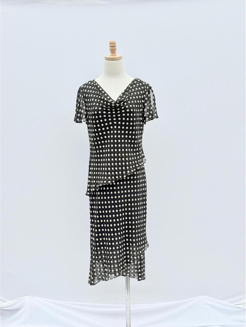 Vintage 90s 100% Silk Chiffon B&W Polka Dot Cowl Neck Tiered Midi Dress Large 8
